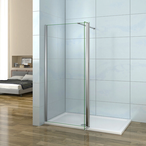AICA SANITAIRE - Paroi de douche 60+40x200cm avec barre de fixation 140cm recoupable, verre 8mm clair de sécurité, AICA paroi de douche à l'italienne avec retour pivotant 40cm - large