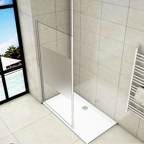 AICA SANITAIRE - Paroi de douche 100x200cm avec barre de fixation au plafond 203-320cm, AICA paroi de douche à l'italienne en 8mm verre bande centrale dépoli - large