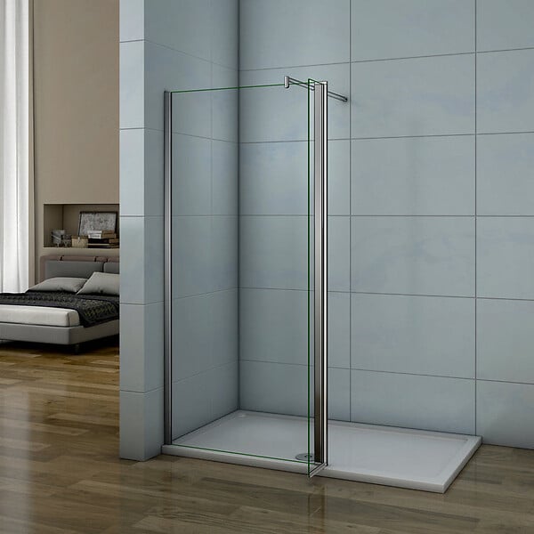 AICA SANITAIRE - Paroi de douche 50+40x200cm avec barre de fixation 70-120cm en cylindrique, verre 8mm clair de sécurité, AICA paroi de douche à l'italienne avec retour pivotant 40cm - large