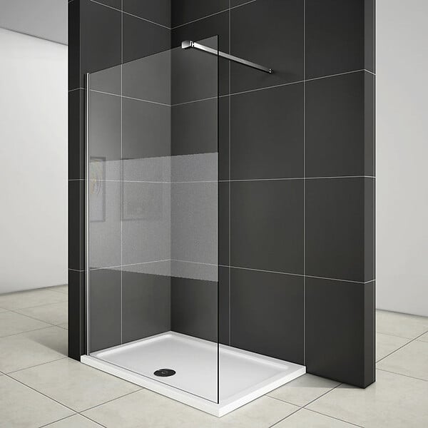 AICA SANITAIRE - Paroi de douche 140x200cm avec barre de fixation 90cm pince renforcée, AICA paroi de douche à l'italienne en 8mm verre bande centrale dépoli - large