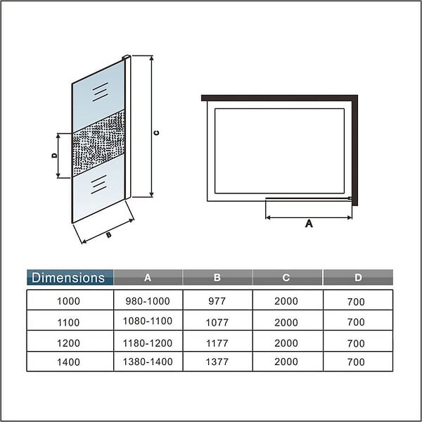 AICA SANITAIRE - Paroi de douche 140x200cm avec barre de fixation 90cm pince renforcée, AICA paroi de douche à l'italienne en 8mm verre bande centrale dépoli - large