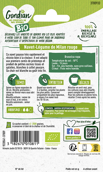 GONDIAN - Navet-Légume de Milan Rouge Extra-Hâtif à Châssis Bio Gondian - large
