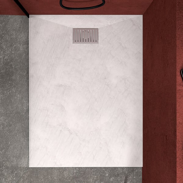 AURLANE - Receveur de douche Blanc Effet Pierre 90x120 cm et Grille décor Linéaire en Inox - large