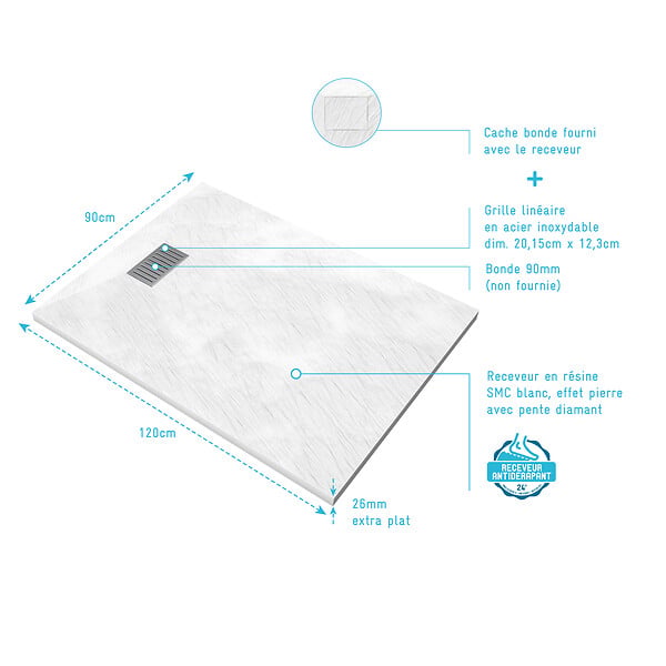 AURLANE - Receveur de douche Blanc Effet Pierre 90x120 cm et Grille décor Linéaire en Inox - large