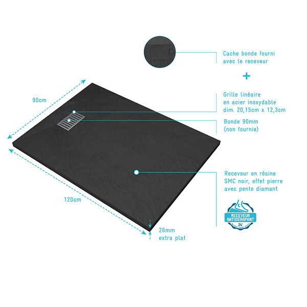 AURLANE - Receveur de douche Noir Effet Pierre 90x120 cm et Grille décor Linéaire en Inox - large