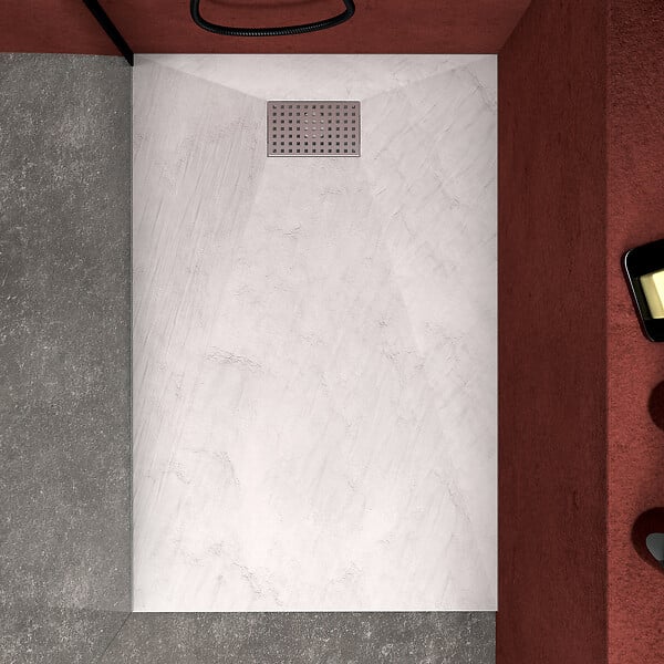 AURLANE - Receveur de douche Blanc Effet Pierre 80x120 cm et Grille décor Perforée en Inox - large