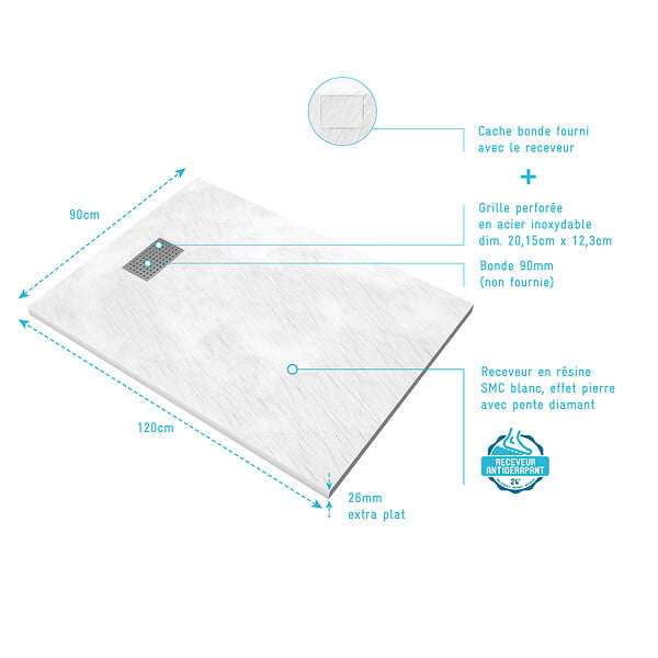 AURLANE - Receveur de douche Blanc Effet Pierre 90x120 cm et Grille décor Perforée en Inox - large