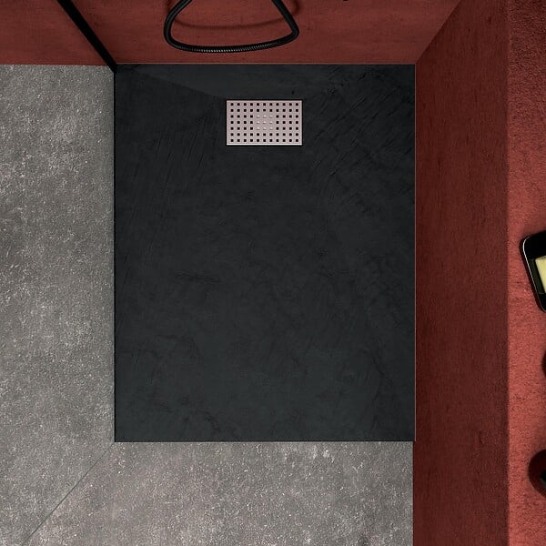 AURLANE - Receveur de douche Noir Effet Pierre 80x100 cm et Grille décor Perforée en Inox - large