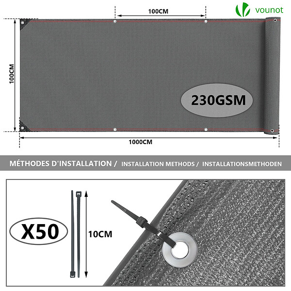 VOUNOT - Brise vue occultant en HDPE 230g/m² 1x10m avec attaches de fixation gris - large