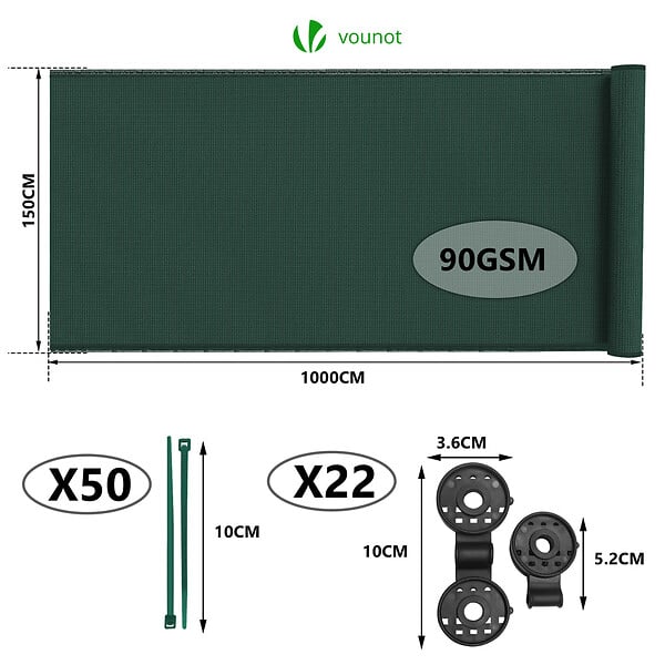 VOUNOT - Brise vue occultant en HDPE 90g/m² 1.5x10m avec attaches de fixation vert - large
