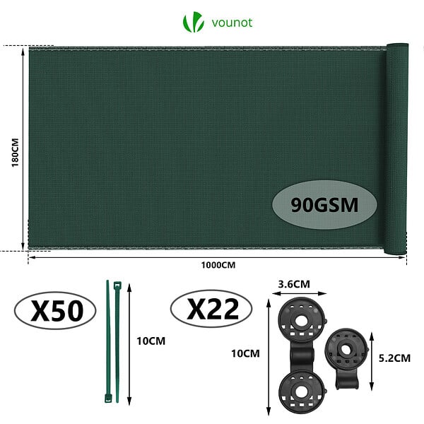 VOUNOT - Brise vue occultant en HDPE 90g/m² 1.8x10m avec attaches de fixation vert - large