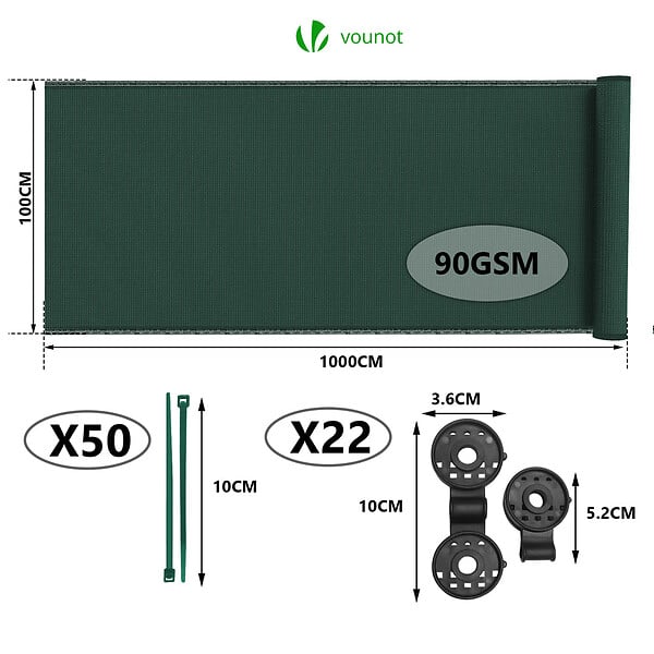 VOUNOT - Brise vue occultant en HDPE 90g/m² 1x10m avec attaches de fixation vert - large