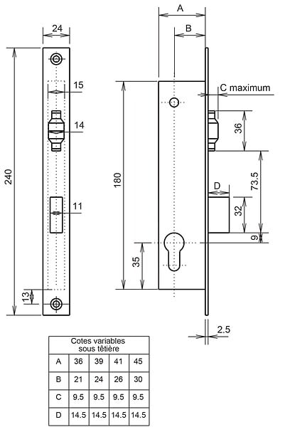 METALUX - Serrure à  larder à  rouleau pour profil étroit type MTX 880 en coffre de 41mm - large