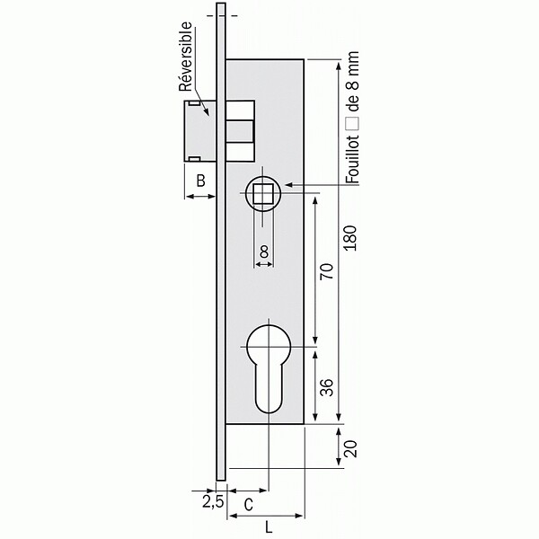 METALUX - Serrure à larder 1 point bec-de-cane à cylindre européen axe 21 mm - Pour gâche électrique Métalux 9 - large