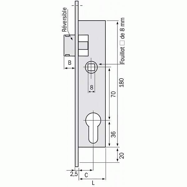 METALUX - Serrure à larder 1 point bec-de-cane à cylindre européen axe 31 mm - Pour gâche électrique Métalux 9 - large
