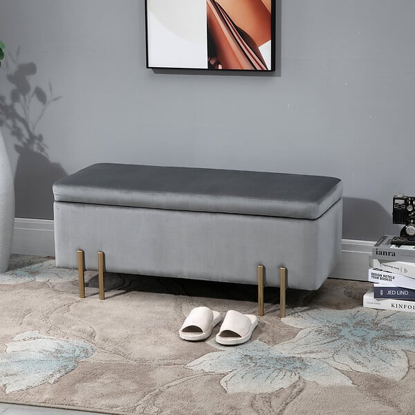 HOMCOM - HOMCOM Grand pouf coffre de rangement design contemporain- banc avec espace de rangement - dim. 100L x 40l x 42H cm - velours gris clair piètement métal doré - large