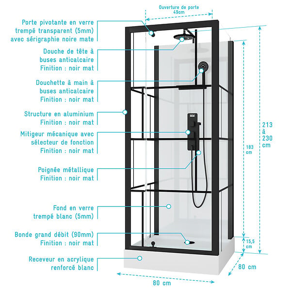 AURLANE - Cabine de douche Carrée 80x80x213 cm - Porte pivotante - Fond Blanc et Profilés Noir Mat - RUBIQ - large