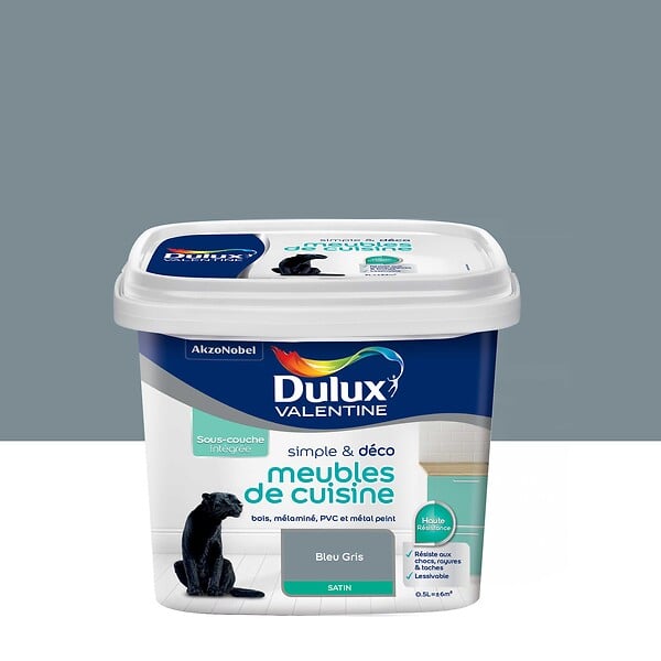 DULUX VALENTINE - Peinture Simple et Deco cuisine - Bleu Gris - Satin - 0,5L - large