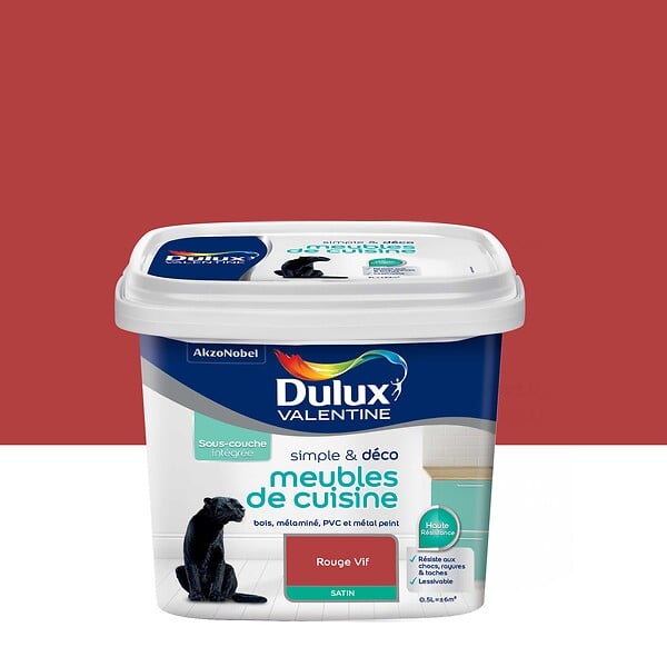 DULUX VALENTINE - Peinture Simple et Deco cuisine - Rouge Vif - Satin - 0,5L - large