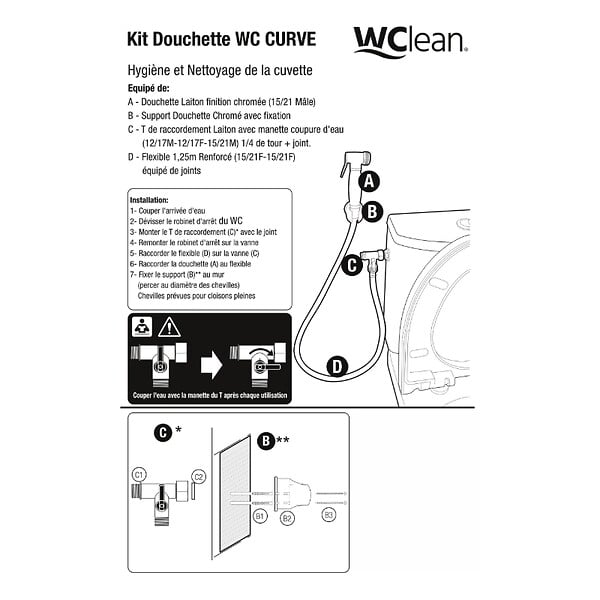 WC CLEAN - Kit douchette WC Curve hygiène intime en laiton chromé - large