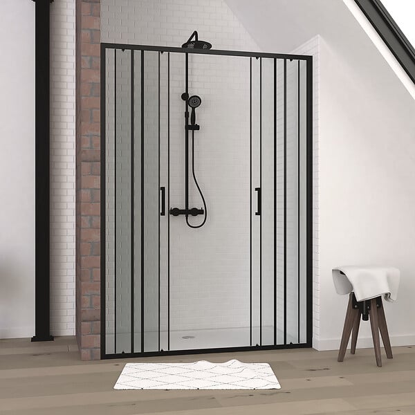 AURLANE - Porte de douche 2 portes coulissantes 140x200 cm - Verre sérigraphié - Profilé Noir - CRUSHX - large