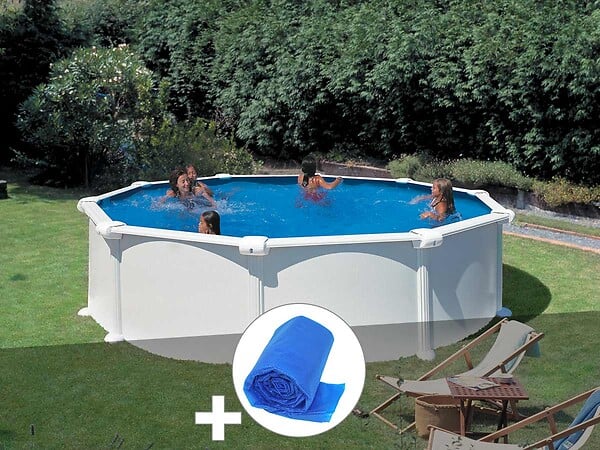 GRE - Kit piscine acier blanc Gré Atlantis ronde 3,70 x 1,32 m + Bâche à bulles - large