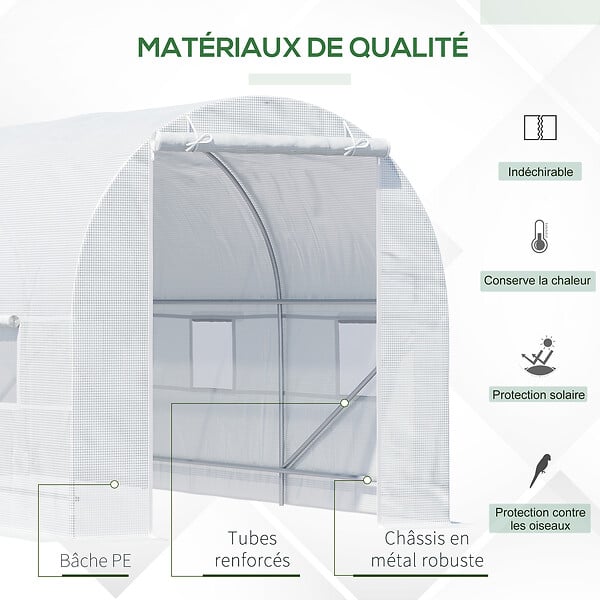 OUTSUNNY - Serre de jardin tunnel surface sol 9 m² 4,5L x 2l x 2H m châssis tubulaire renforcé 18 mm 6 fenêtres blanc - large