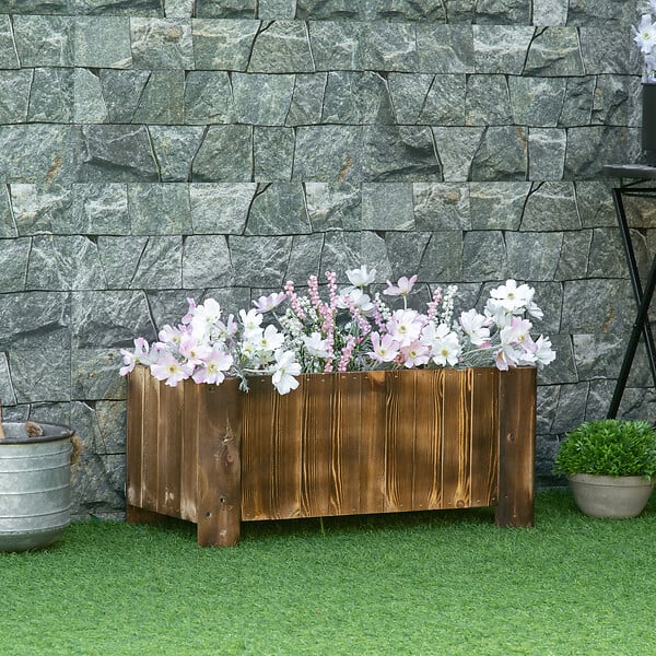 OUTSUNNY - Jardinière sur pied bac à fleurs dim. 70L x 35l x 30H cm piètement demi rondin corps aspect lattes bois sapin traité carbonisation - large