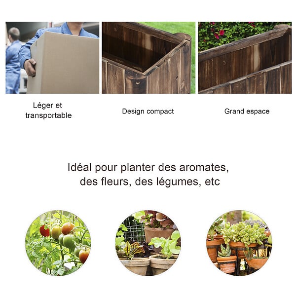 OUTSUNNY - Jardinière sur pied bac à fleurs dim. 70L x 35l x 30H cm piètement demi rondin corps aspect lattes bois sapin traité carbonisation - large