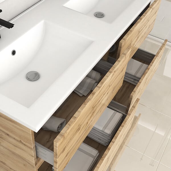 AURLANE - Meuble de salle de bains 120cm 4 Tiroirs_Chêne Naturel + Vasque céramique blanche - TIMBER 120 - large