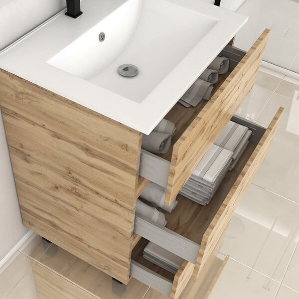 AURLANE - Meuble de salle de bains 60cm 3 Tiroirs_Chêne Naturel + Vasque céramique blanche - TIMBER 60 - large
