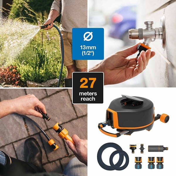 FISKARS - Dévidoir XL - Avec tuyau - Avec roues - 20m + 5m - 13mm de diamètre - large