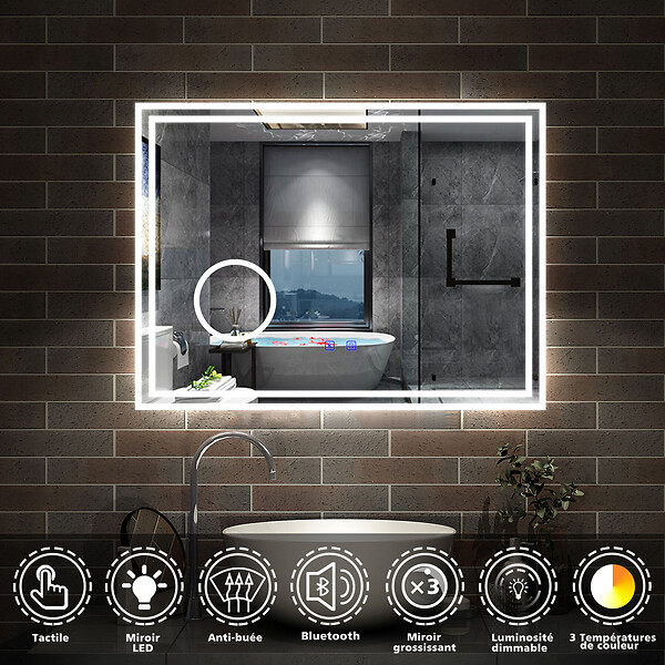 AICA SANITAIRE - Simple Bluetooth LED miroir de salle de bain tricolore tactile avec anti-buée et miroir grossissant 3x, suspendu horizontalement 80x60cm - large