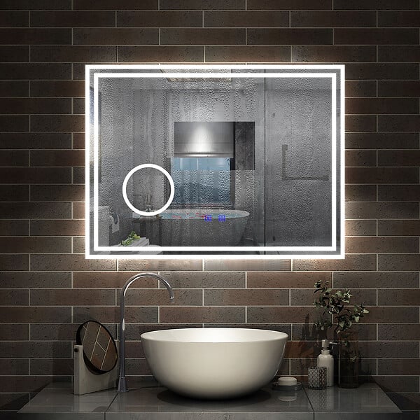 AICA SANITAIRE - Simple Bluetooth LED miroir de salle de bain tricolore tactile avec anti-buée et miroir grossissant 3x, suspendu horizontalement 80x60cm - large