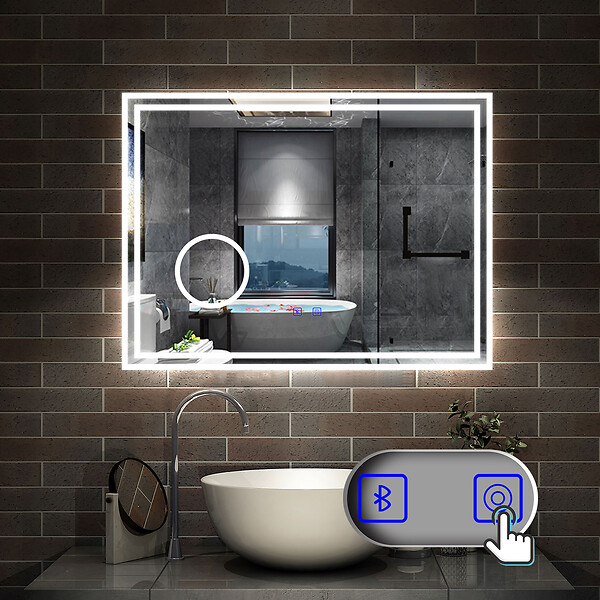 AICA SANITAIRE - Simple Bluetooth LED miroir de salle de bain tricolore tactile avec anti-buée et miroir grossissant 3x, suspendu horizontalement 80x60cm - large