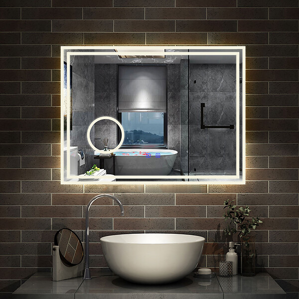 AICA SANITAIRE - Simple Bluetooth LED miroir de salle de bain tricolore tactile avec anti-buée et miroir grossissant 3x, suspendu horizontalement 80x60cm - large