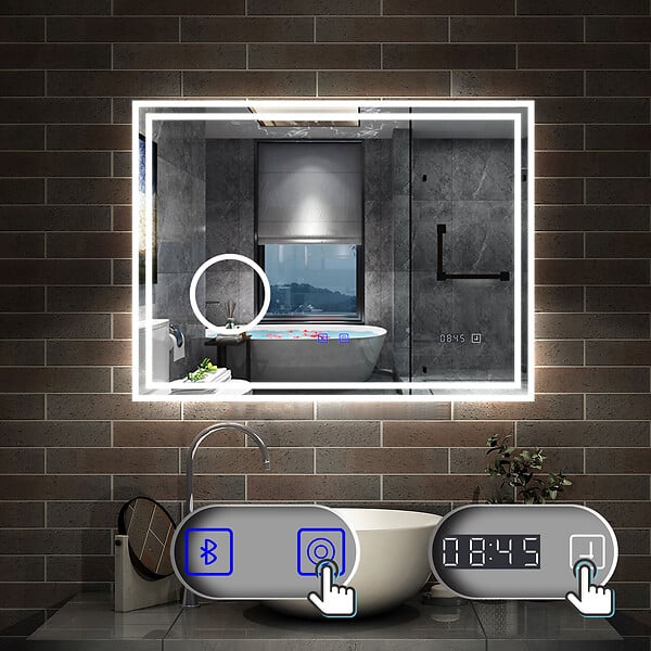AICA SANITAIRE - Simple Bluetooth LED miroir de salle de bain tricolore tactile avec anti-buée et horloge et miroir grossissant 3x, suspendu horizontalement 100x60cm - large