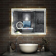 AICA SANITAIRE - Simple Bluetooth LED miroir de salle de bain tricolore tactile avec anti-buée et horloge et miroir grossissant 3x, suspendu horizontalement 100x60cm - vignette
