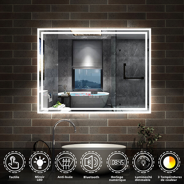 AICA SANITAIRE - Simple Bluetooth LED miroir de salle de bain tricolore tactile avec antibuée et horloge, 80x60cm horizontalement - large