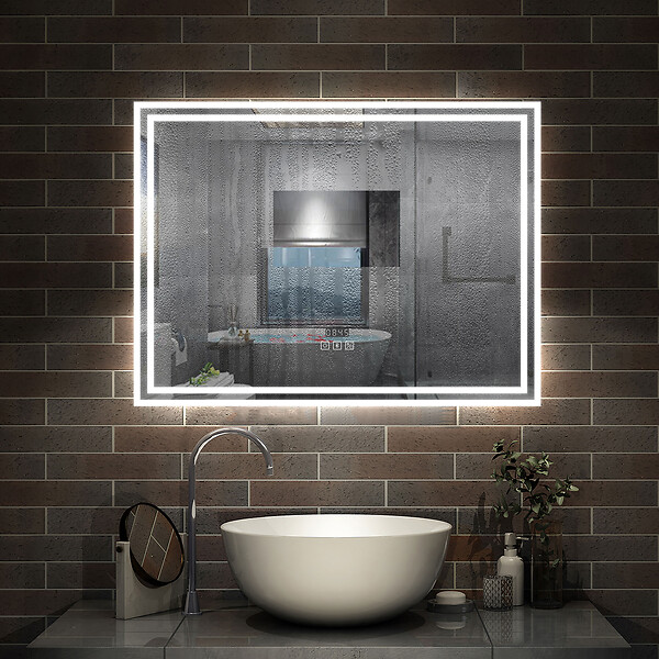 AICA SANITAIRE - Simple Bluetooth LED miroir de salle de bain tricolore tactile avec antibuée et horloge, 80x60cm horizontalement - large