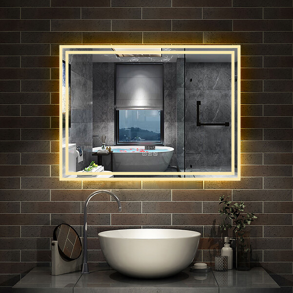 AICA SANITAIRE - Simple Bluetooth LED miroir de salle de bain tricolore tactile avec antibuée et horloge, 80x60cm horizontalement - large
