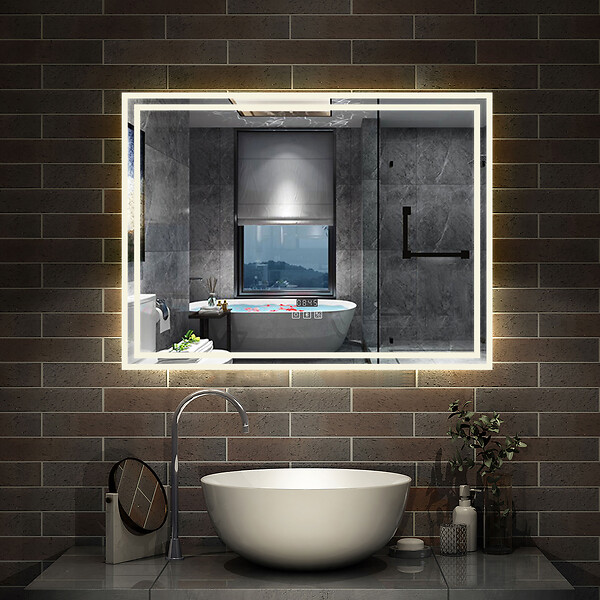 AICA SANITAIRE - Simple Bluetooth LED miroir de salle de bain tricolore tactile avec antibuée et horloge, 80x60cm horizontalement - large