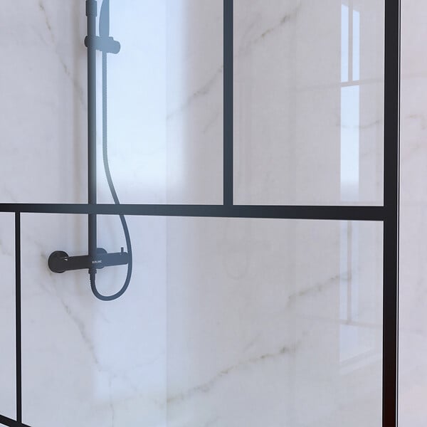 AURLANE - Paroi de Douche 120 cm Sérigraphie Noire et Receveur Blanc 80x120 + Colonne de Douche Thermostatique - large