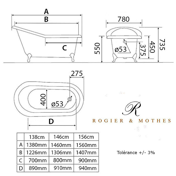 ROGIER & MOTHES - Baignoire sur pieds rétro en fonte petite taille ASHFORD Blanche 138 cm Pieds chromés - large