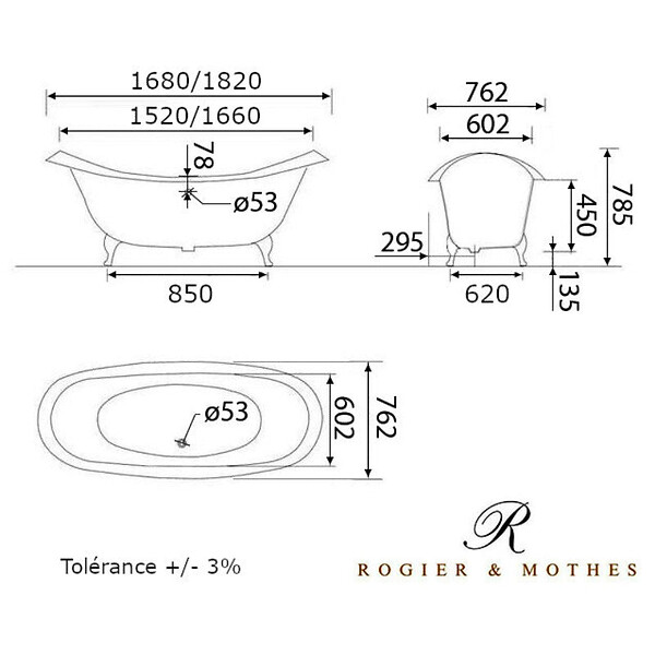 ROGIER & MOTHES - Baignoire sur pieds rétro en fonte KINGSTON Blanche 182 cm Pieds chromés - large