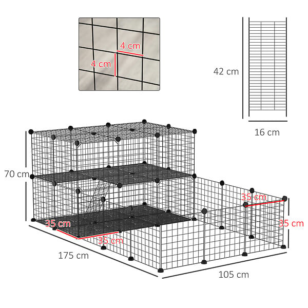 PAWHUT - Cage parc enclos rongeurs modulable dim. L 175 x l 105 x H 70 cm 2 niveaux 2 portes rampe résine PP fil métallique noir - large