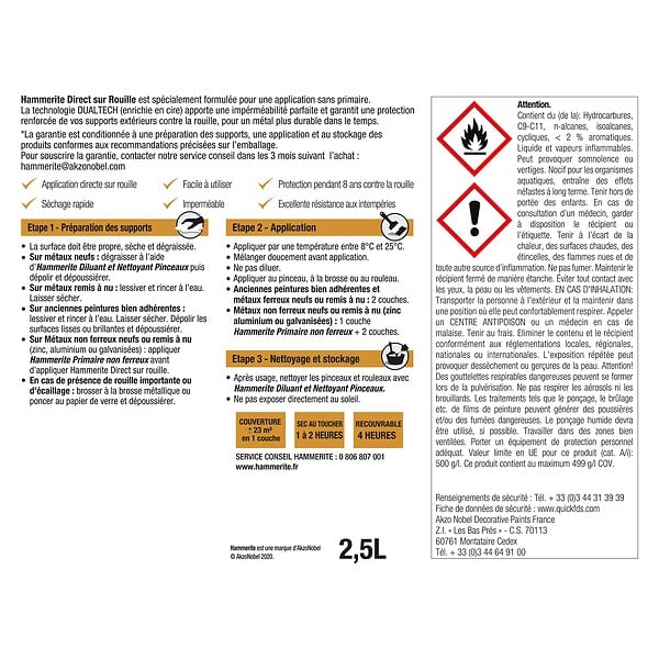 HAMMERITE - Peinture Hammerite Direct sur Rouille - Gris Argent - Brillant - 2,5L - large