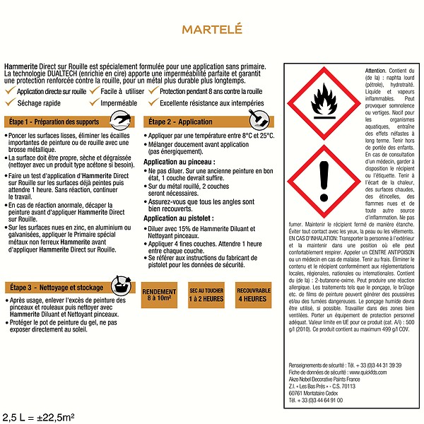 HAMMERITE - Peinture Direct sur Rouille - Martele Rouge - 2,5L - large