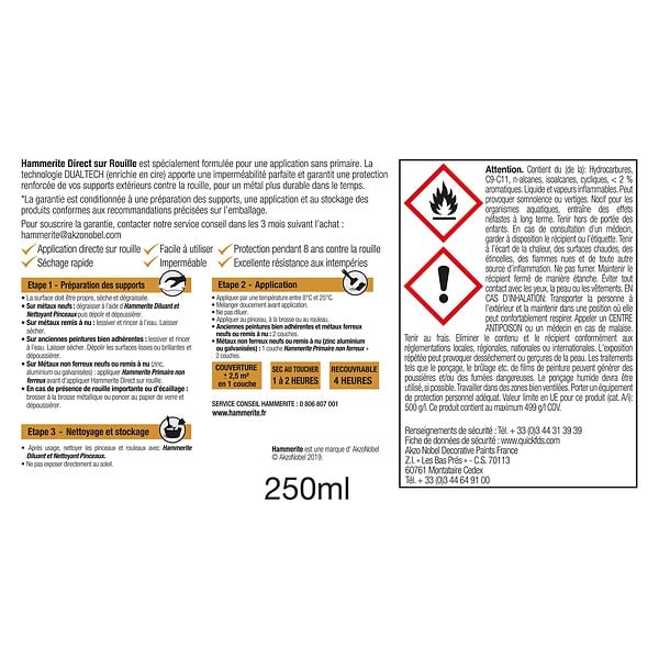 HAMMERITE - Peinture fer Hammerite Direct sur Rouille Mat Noir 0,25L - large