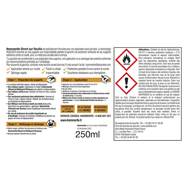 HAMMERITE - Peinture fer Hammerite Direct sur Rouille Satin Noir 0,25L - large